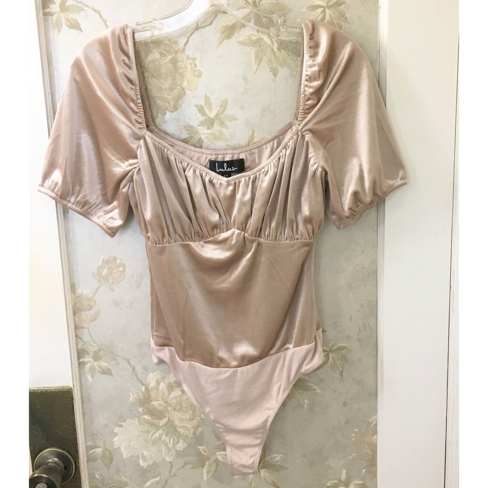 LULUS Up For The Night Champagne Velour Bodysuit-Size XS
